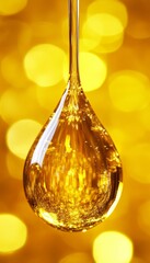 Golden Liquid Drop, Suspended in Mid-Air with a Glowing, Sparkling, Bokeh Background.