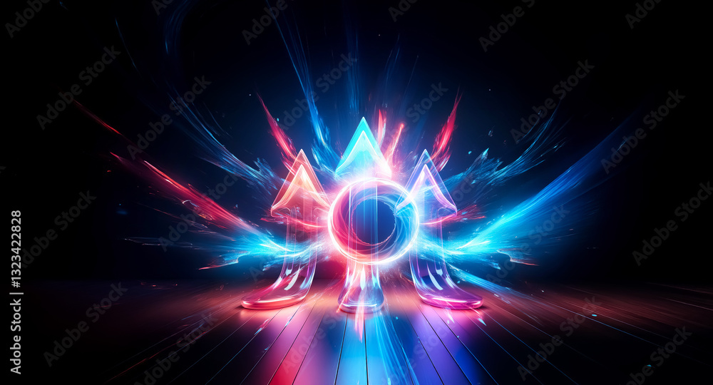 Poster abstract glowing geometric shape with neon light effect in blue and red, emanating from a central po