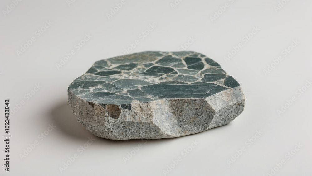 Poster synthetic stone with green and gray patches on textured surface resting on a light gray background, 