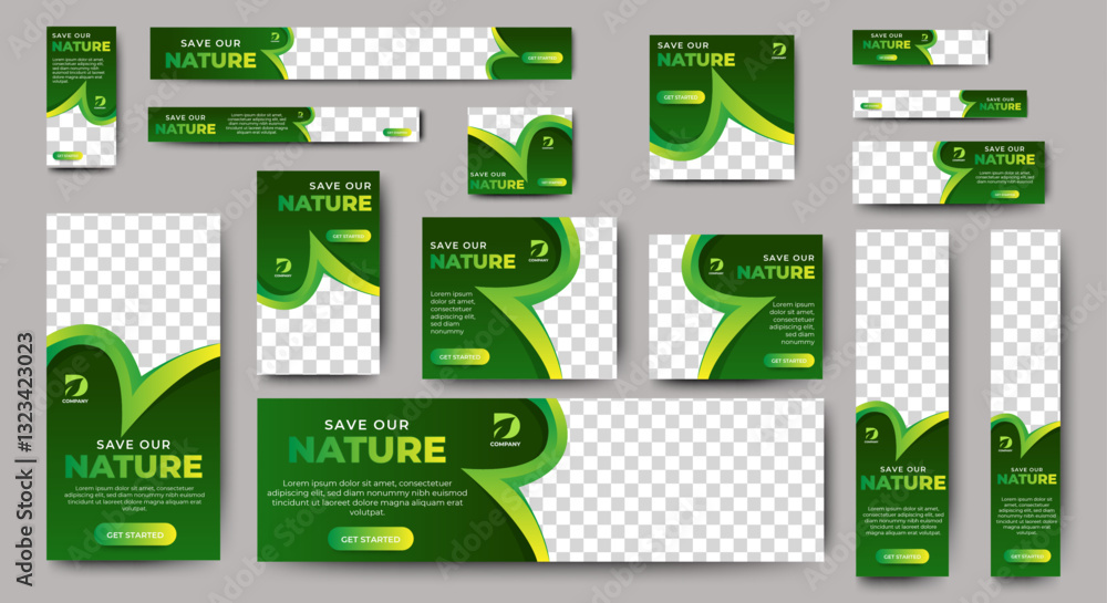Sticker green banner design web template set, horizontal header web banner. modern gradient green cover head