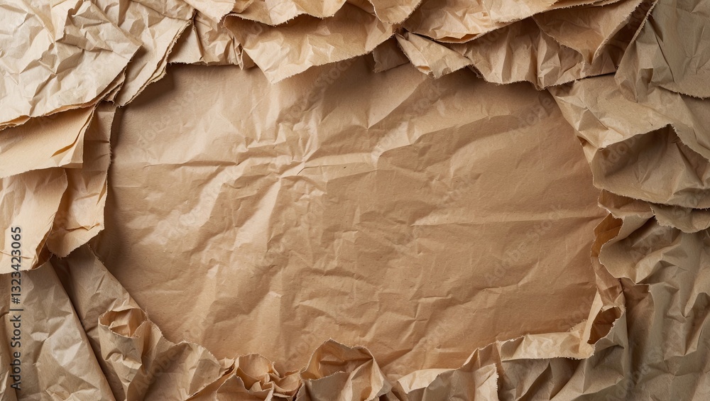 Poster crinkled brown recycled paper background with a central empty space for text in a warm, earthy tone,