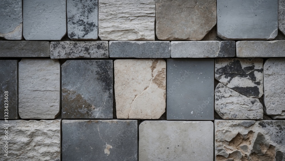 Poster grey stone tile texture with varying shades of grey squares aligned in a grid pattern creating a rus