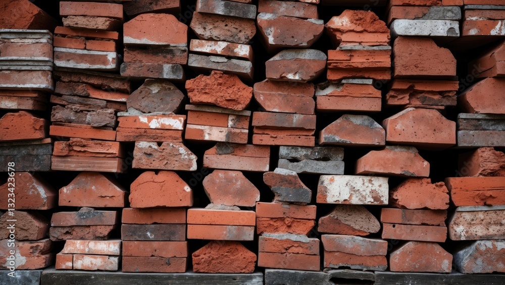 Poster stacked red bricks forming a textured backdrop with varying shapes and sizes in a horizontal arrange