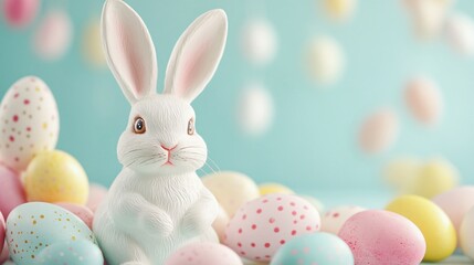 Cute bunny surrounded by pastel-colored eggs, fluffy white rabbit with long ears celebrating springtime festivities, vibrant background.