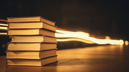 Stack of Books on Wooden Table at Night with Light Trails