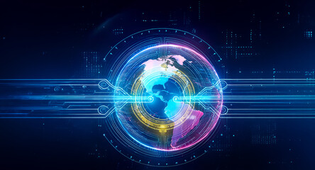 Obraz premium Glowing digital globe with neon rings and lines on a dark blue backdrop. Futuristic tech design for global connection and cyberspace.