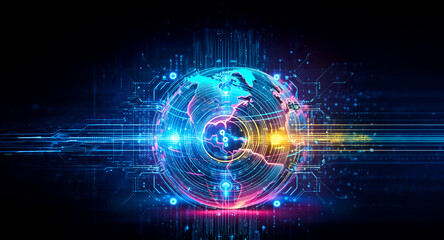 Obraz premium A glowing digital globe with vibrant blue and orange lines and dots illustrates global connectivity on a dark background, representing modern technology.
