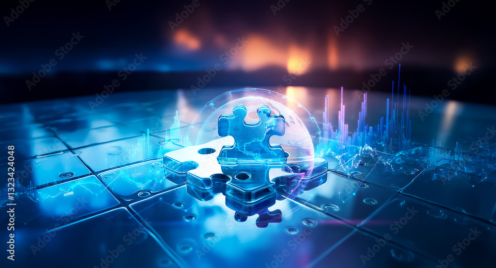 Poster illuminated puzzle globe with digital lines and geometric shapes, glowing in blue tones on a reflect