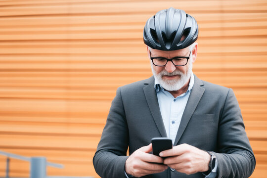 Elderly businessman wearing a bicycle helmet checks his smartphone outdoors symbolizing mobility, technology, and active lifestyle. 
