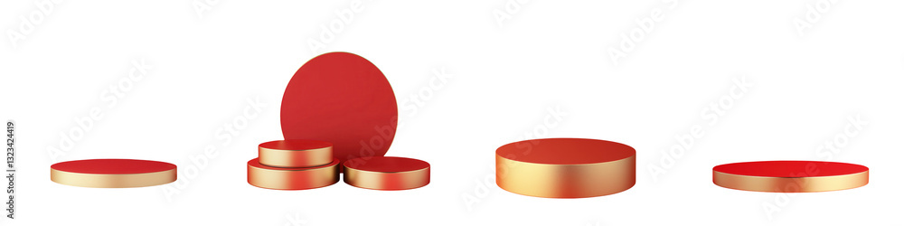 Poster elegant red and gold colored metallic geometric shapes including spheres discs and circles arranged 
