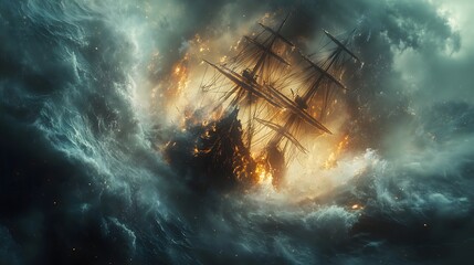 Kraken emerges from depths to attack a ship amid stormy waters and flames