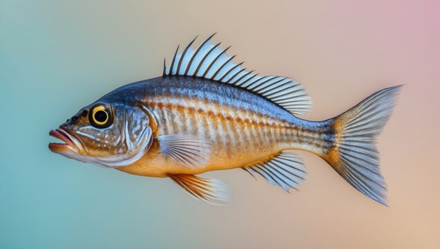 Vibrant Cernia fish swimming gracefully left with intricate blue and gold patterns on body against a soft pastel gradient background