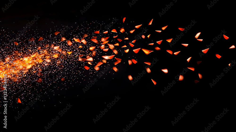 Poster orange particles flowing against black background creating dynamic light trails effect