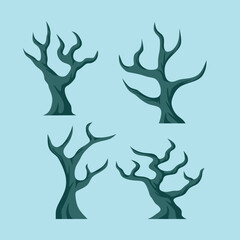 Green Leafless Tree and Grasses Simple Vector Set Collection