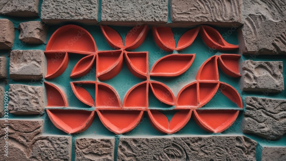 Poster red and orange decorative pattern of modern design on a textured laterite stone wall with a teal bac