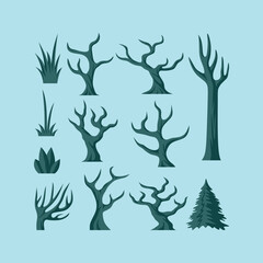 Green Leafless Tree and Grasses Simple Vector Set Collection
