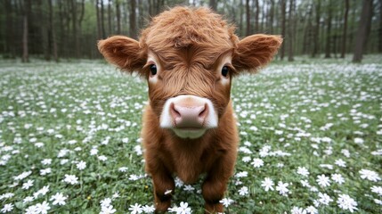 Adorable Highland Cow Calf Explores a Meadow of Tiny White Spring Flowers, Fisheye View