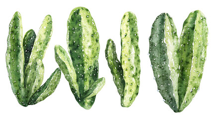 Set of Watercolor Green Cactus Isolated in white & transparent