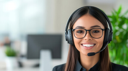 Customer service representative talking to a customer on a headset, smiling while offering helpful support in a bright, modern office, 3D render