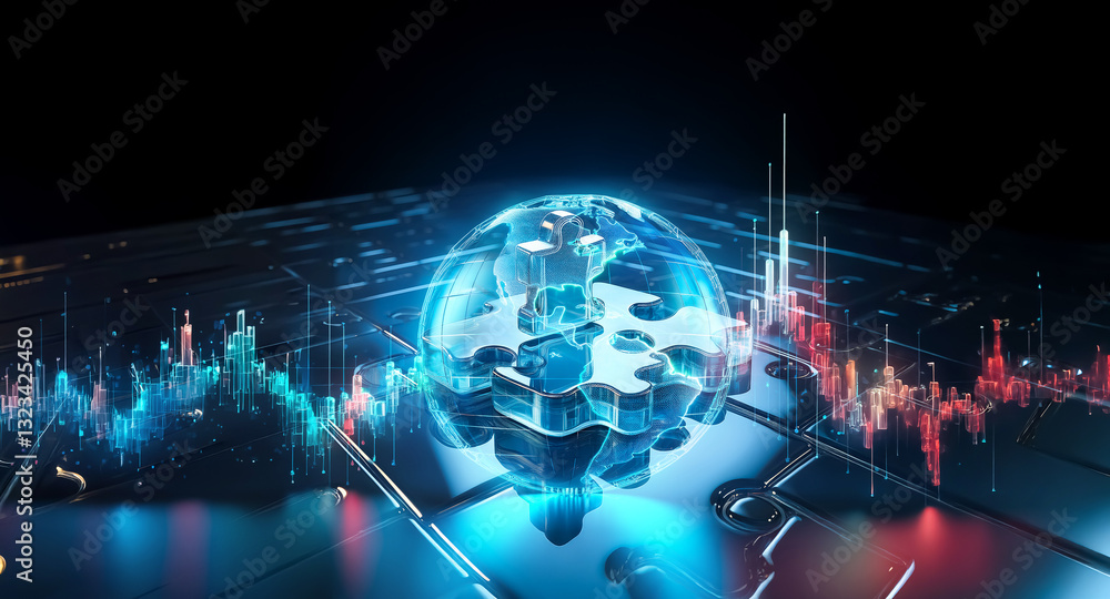 Poster a luminous blue sphere composed of cubes is centered amidst vibrant red and blue line graphs against