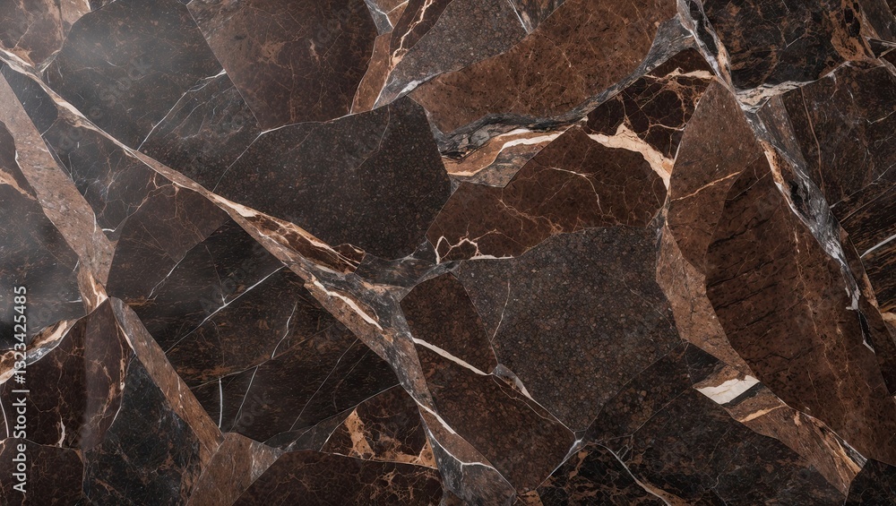 Poster dark brown marble texture showcasing sharp, angular formations with white veining arranged diagonall