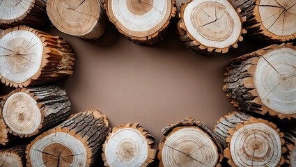 Wooden sawn logs arranged in a circular frame on a neutral brown background, showcasing intricate textures and natural patterns for creative designs.