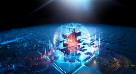 Fototapeta premium Illuminated puzzle globe on a blue tech surface symbolizes global connection and problem-solving in a futuristic style.