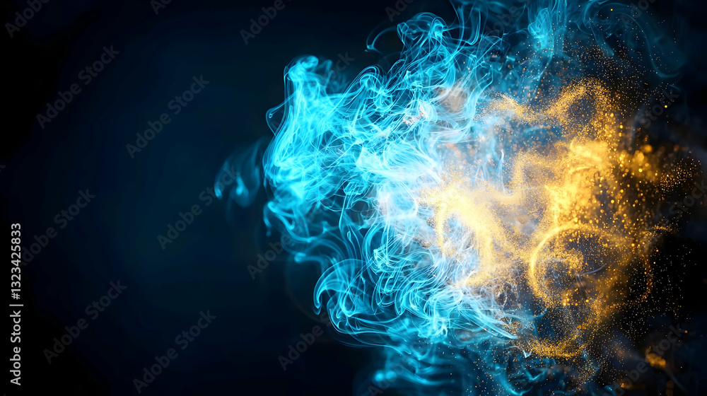 Poster abstract particle explosion with blue and gold light on black background dynamic energy flow concept