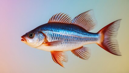 Obraz premium Vibrant blue fish with orange accents swimming against a soft pastel gradient background showcasing shades of pink and purple harmony.