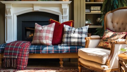 Cozy living room interior with red and plaid cushions on a wooden bench, fireplace backdrop, and an elegant armchair, bathed in warm sunlight.