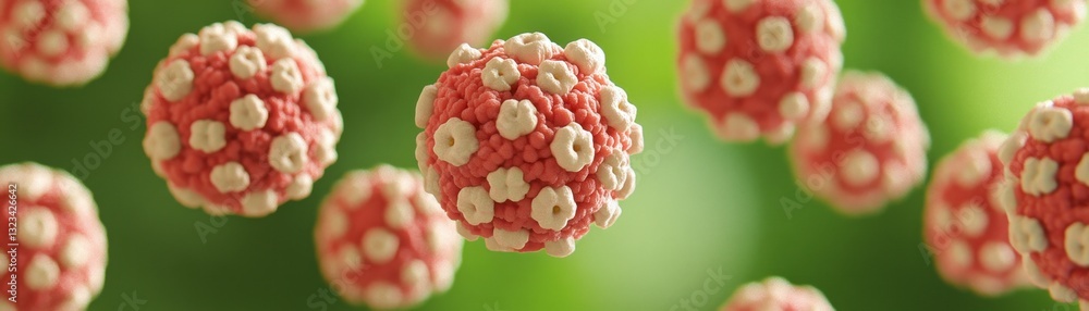 Aufkleber microscopic view of red and white spherical viruses on a green background. detailed 3d rendering of 