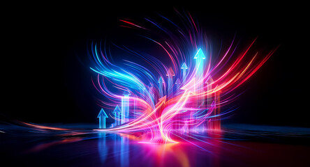 Vibrant streaks of blue and red light illuminate upward-pointing arrows on a dark background, conveying a sense of dynamic motion and positive direction.