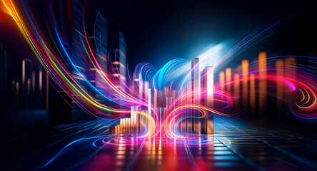 Obraz premium Abstract cityscape at night. Vibrant, colorful light trails flow through buildings, creating a dynamic, futuristic, and energetic scene.