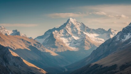 Majestic mountain landscape with snow-capped peaks in the background, golden valleys below, and ample copyspace for text or design above.