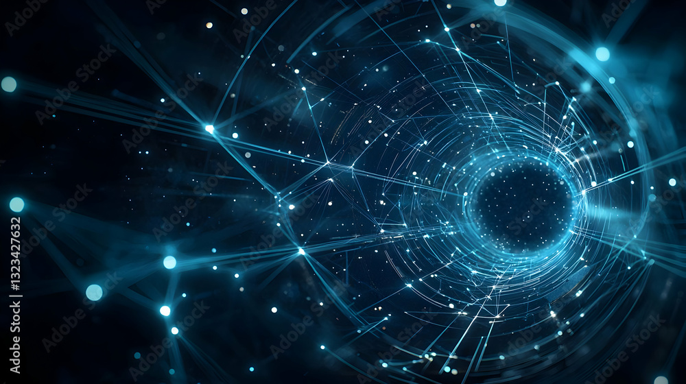 Poster abstract blue tunnel of light and data network in digital space