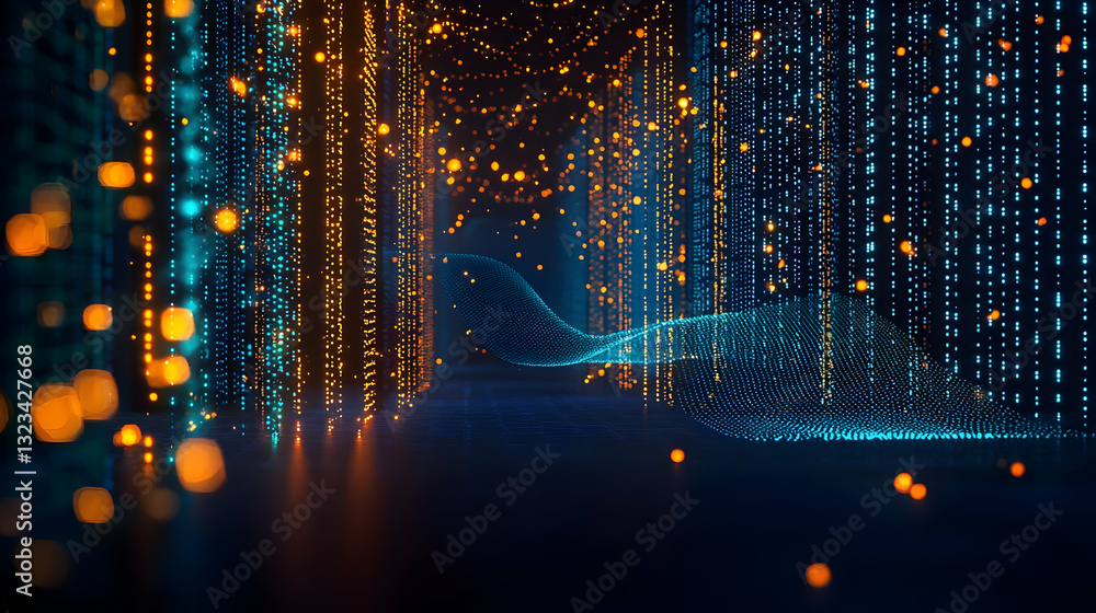 Poster abstract digital data visualization with glowing blue and orange particles forming lines in dark spa