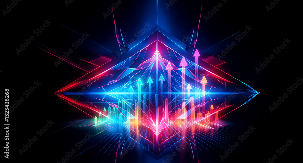 Poster vibrant geometric design featuring glowing arrows pointing upwards within a diamond shape against a 