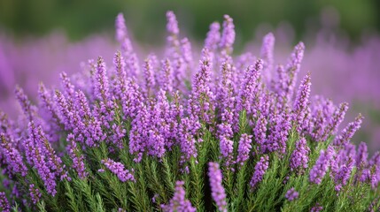 Fototapeta premium Vibrant purple heather blossoms in full bloom in lush green meadows