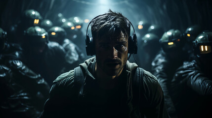 A Man Wearing Headphones Surrounded By An Armed Detachment. Illustration On The Theme Of Games And Horror, Technology And Computer.