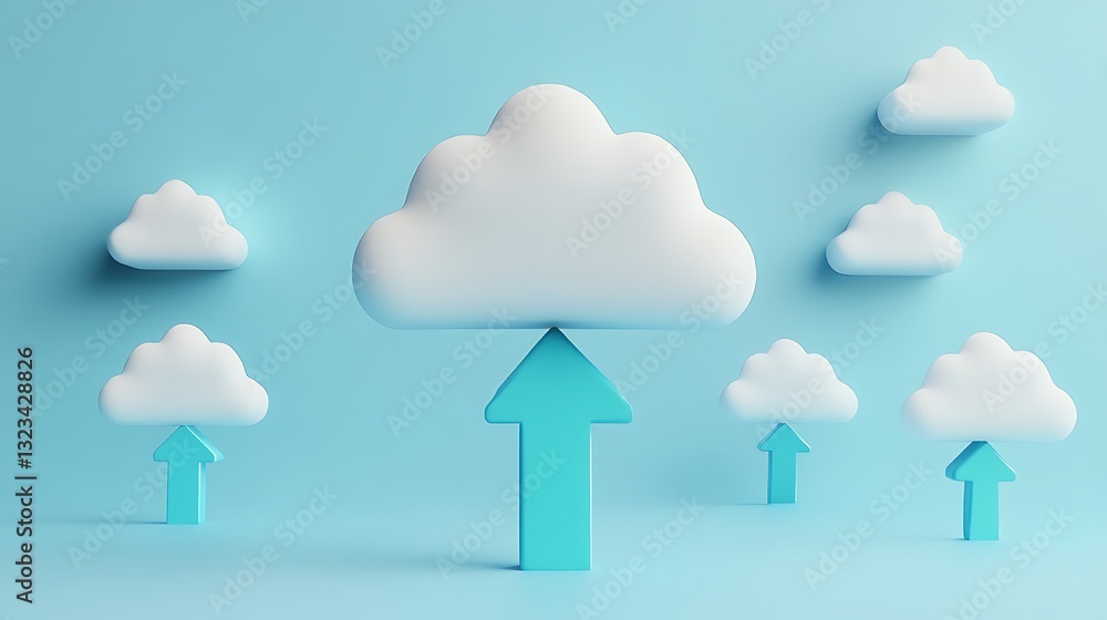 Poster 3d cloud graphics with upward arrows in a soft blue background representing data upload and cloud se