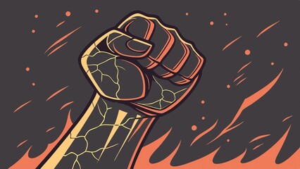 A Defiant Fist Raised Amidst Fiery Flames, A Symbol Of Unwavering Resistance And Strength In A Stylized Graphic Design