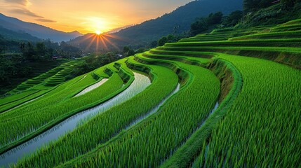 Serene Rice Terraces at Sunset in Mountain Landscape