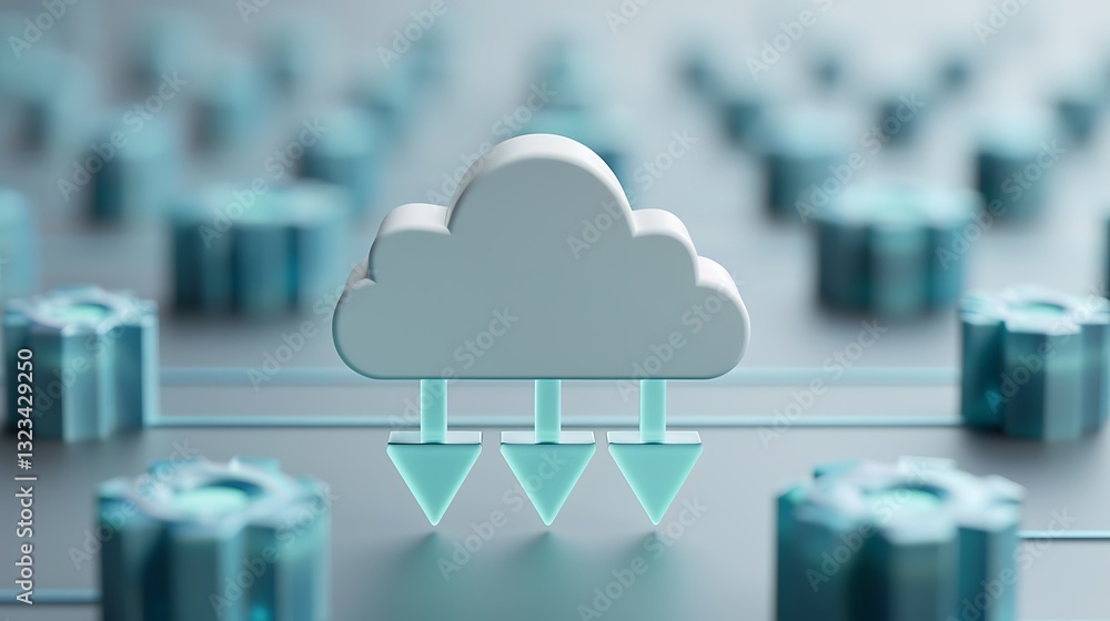 Poster 3d cloud icon with downward arrows representing data transfer and cloud storage technology concepts