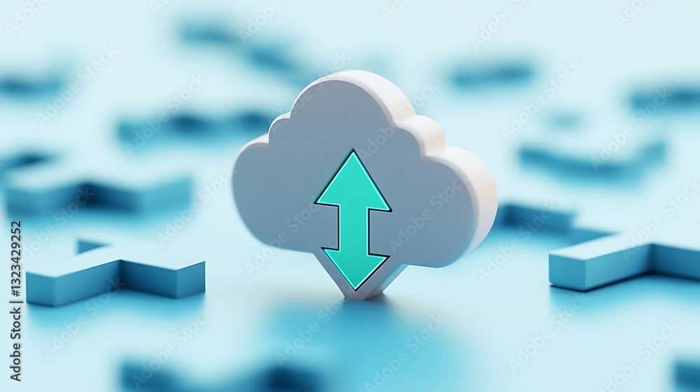 Poster 3d cloud icon with upload and download arrows on a soft blue background for technology and data conc