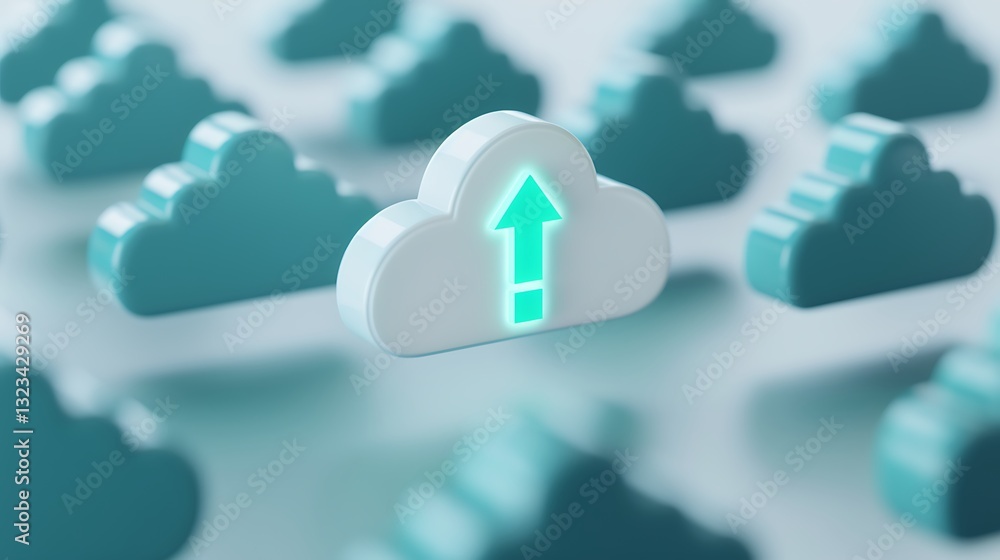 Aufkleber 3d cloud icon with upload arrow surrounded by multiple floating cloud shapes in a digital style back
