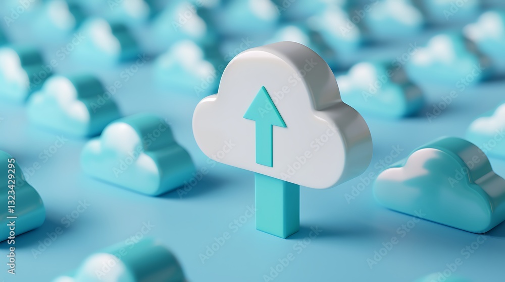 Poster 3d cloud icon with upload arrow surrounded by small cloud shapes on a blue background for digital st
