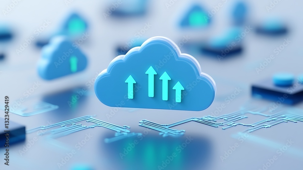 Poster 3d cloud icon with upward arrows representing data transfer and cloud computing technology concept