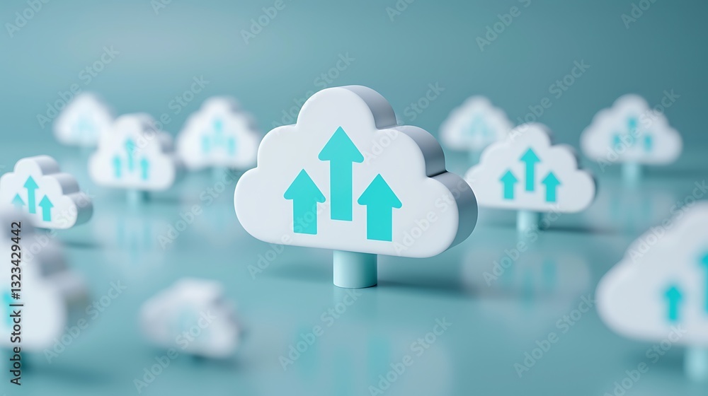 Poster 3d cloud icon with upward arrows representing growth and data transfer on a soft background