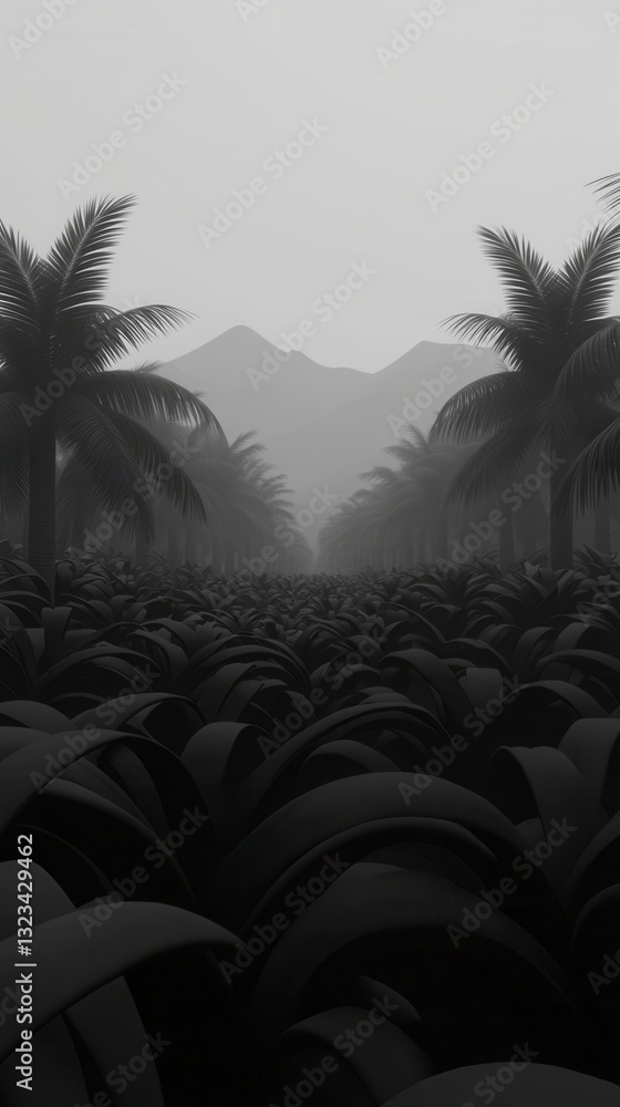 Poster monochromatic landscape depicting a pathway through a field of plants, flanked by palm trees and a h