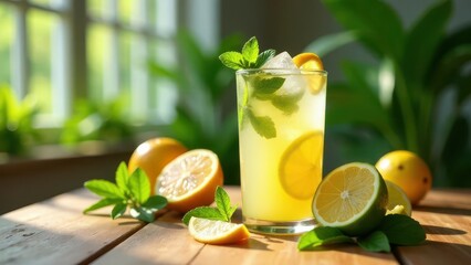 Fototapeta premium Refreshing Citrus Beverage with Ice and Mint on Wooden Table